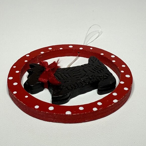 Wooden Scottie Dog Christmas Holiday Ornament Black/Red Round - Picture 2 of 5